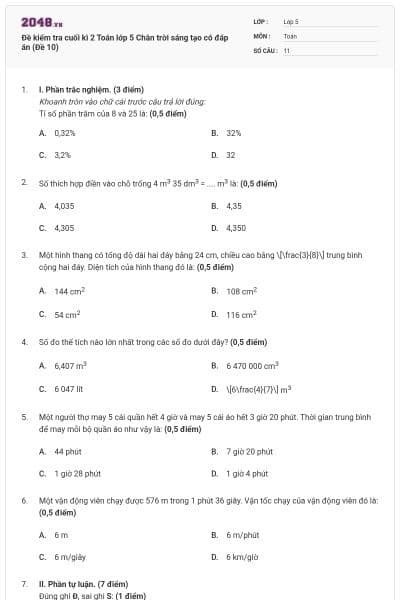 Đề kiểm tra cuối kì 2 Toán lớp 5 Chân trời sáng tạo có đáp án (Đề 10)