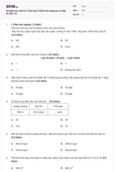 Đề kiểm tra cuối kì 2 Toán lớp 5 Chân trời sáng tạo có đáp án (Đề 12)