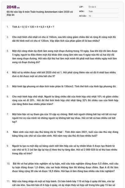 Đề thi vào lớp 6 môn Toán trường Amsterdam năm 2020 có đáp án