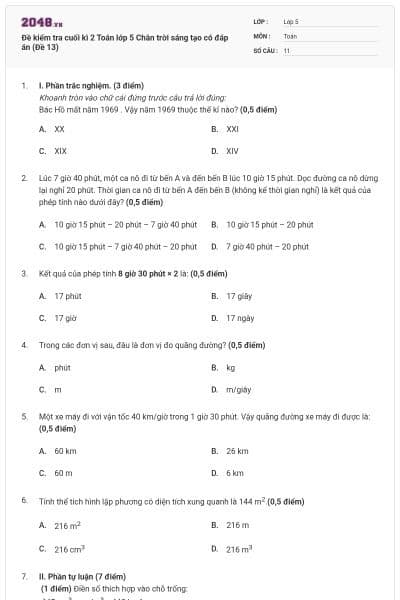 Đề kiểm tra cuối kì 2 Toán lớp 5 Chân trời sáng tạo có đáp án (Đề 13)