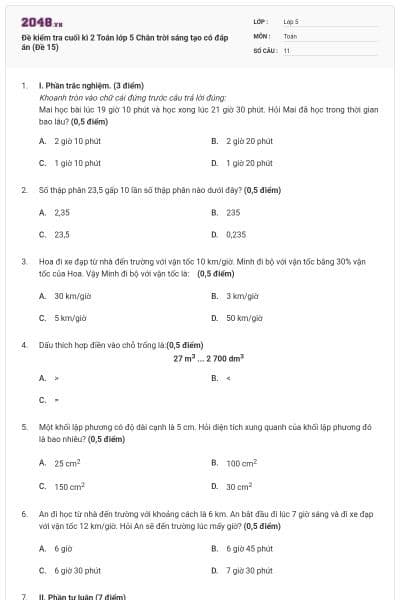 Đề kiểm tra cuối kì 2 Toán lớp 5 Chân trời sáng tạo có đáp án (Đề 15)