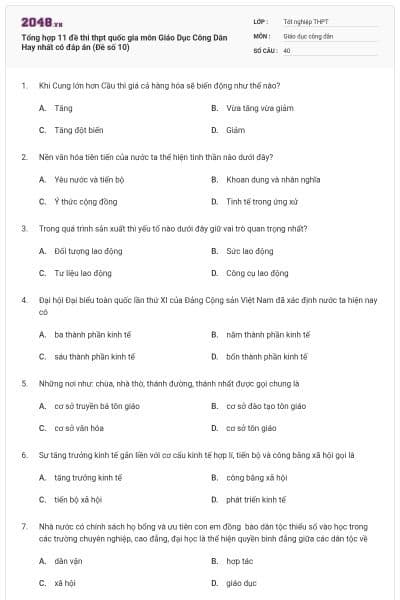 Tổng hợp 11 đề thi thpt quốc gia môn Giáo Dục Công Dân Hay nhất có đáp án (Đề số 10)