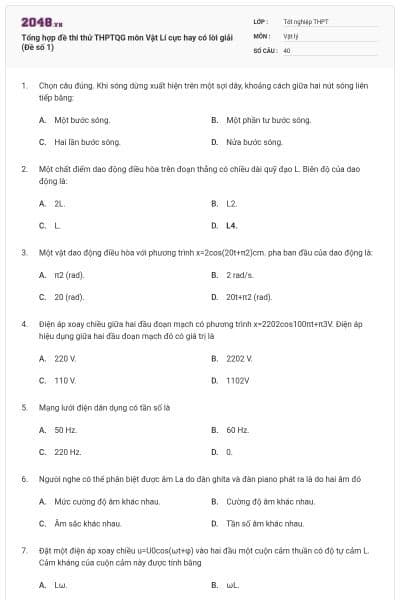 Tổng hợp đề thi thử THPTQG môn Vật Lí cực hay có lời giải (Đề số 1)