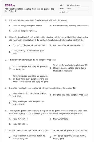400+ câu trắc nghiệm tổng hợp Kiểm soát hải quan có đáp án - Phần 18