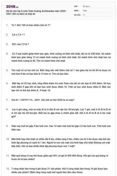 Đề thi vào lớp 6 môn Toán trường Archimedes năm 2020 - 2021 (Đề cơ bản) có đáp án