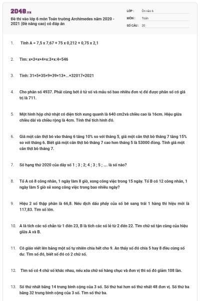 Đề thi vào lớp 6 môn Toán trường Archimedes năm 2020 - 2021 (Đề nâng cao) có đáp án