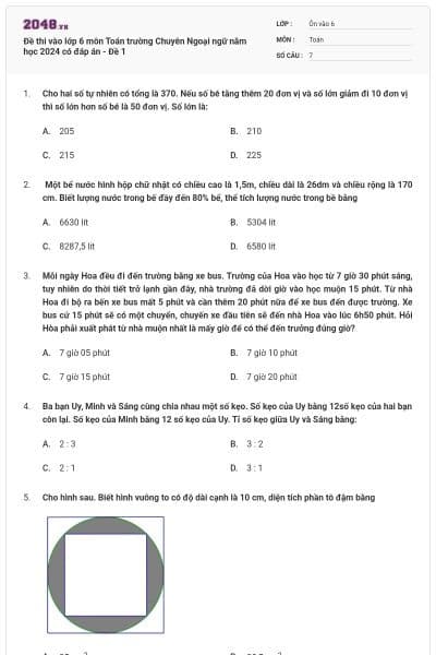 Đề thi vào lớp 6 môn Toán trường Chuyên Ngoại ngữ năm học 2024 có đáp án - Đề 1