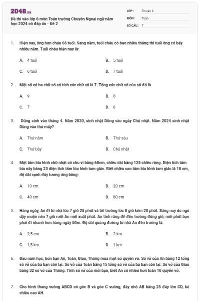 Đề thi vào lớp 6 môn Toán trường Chuyên Ngoại ngữ năm học 2024 có đáp án - Đề 2