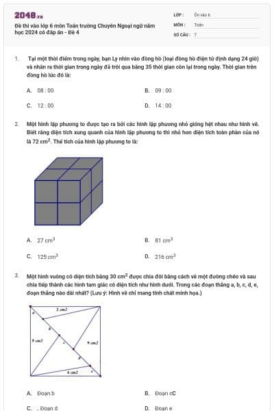 Đề thi vào lớp 6 môn Toán trường Chuyên Ngoại ngữ năm học 2024 có đáp án - Đề 4