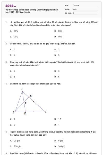 Đề thi vào lớp 6 môn Toán trường Chuyên Ngoại ngữ năm học 2019 - 2020 có đáp án