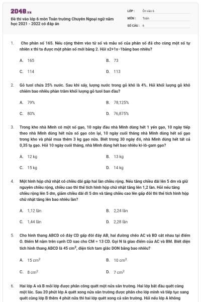 Đề thi vào lớp 6 môn Toán trường Chuyên Ngoại ngữ năm học 2021 - 2022 có đáp án