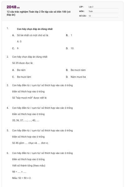 12 câu trắc nghiệm Toán lớp 2 Ôn tập các số đến 100 (có đáp án)