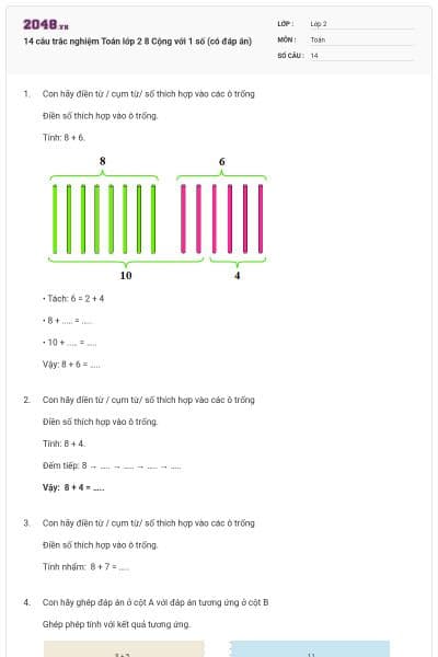 14 câu trắc nghiệm Toán lớp 2 8 Cộng với 1 số (có đáp án)