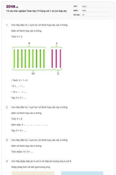 13 câu trắc nghiệm Toán lớp 2 9 Cộng với 1 số (có đáp án)