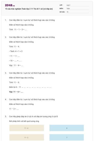 15 câu trắc nghiệm Toán lớp 2 11 Trừ đi 1 số (có đáp án)
