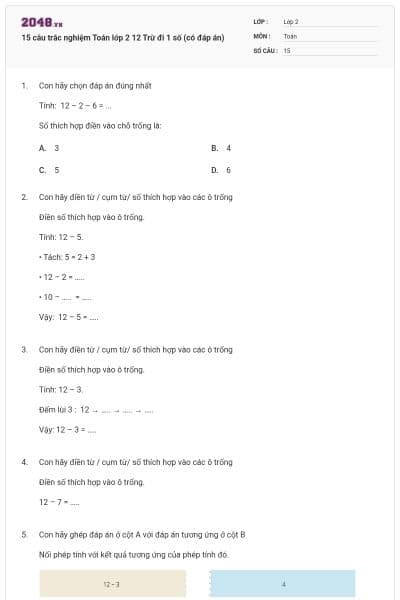 15 câu trắc nghiệm Toán lớp 2 12 Trừ đi 1 số (có đáp án)
