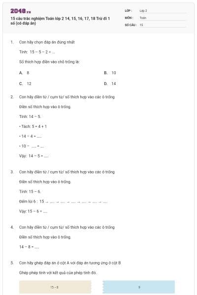 15 câu trắc nghiệm Toán lớp 2 14, 15, 16, 17, 18 Trừ đi 1 số (có đáp án)