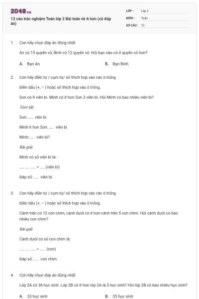 12 câu trắc nghiệm Toán lớp 2 Bài toán về ít hơn (có đáp án)