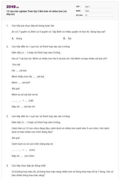 12 câu trắc nghiệm Toán lớp 2 Bài toán về nhiều hơn (có đáp án)