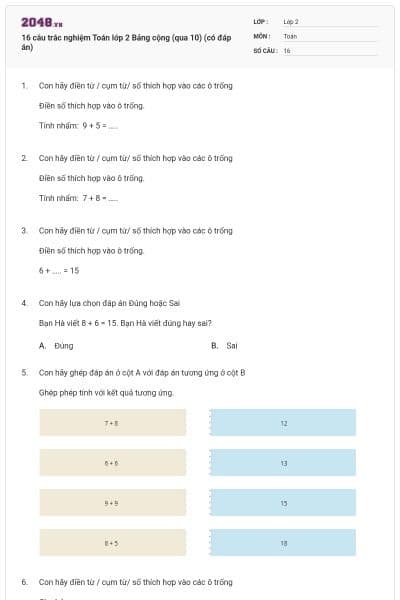 16 câu trắc nghiệm Toán lớp 2 Bảng cộng (qua 10) (có đáp án)