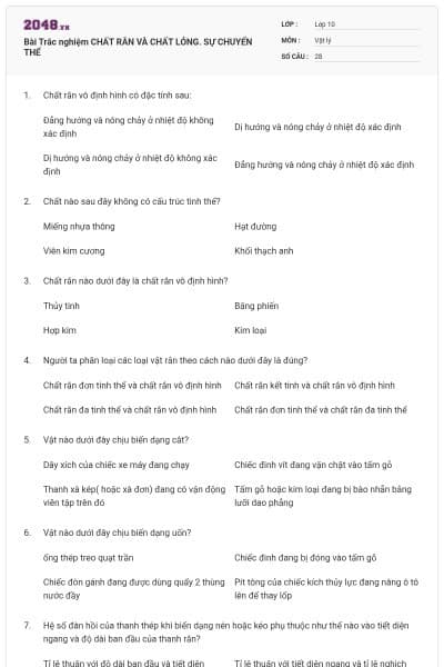 Bài Trắc nghiệm CHẤT RẮN VÀ CHẤT LỎNG. SỰ CHUYỂN THỂ