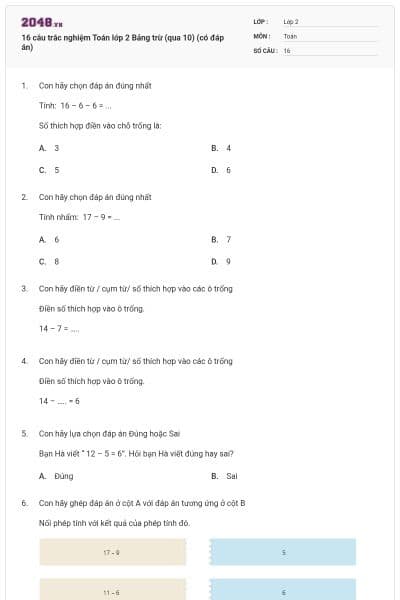16 câu trắc nghiệm Toán lớp 2 Bảng trừ (qua 10) (có đáp án)