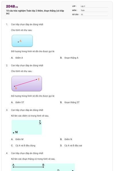 10 câu trắc nghiệm Toán lớp 2 Điểm, đoạn thẳng (có đáp án)