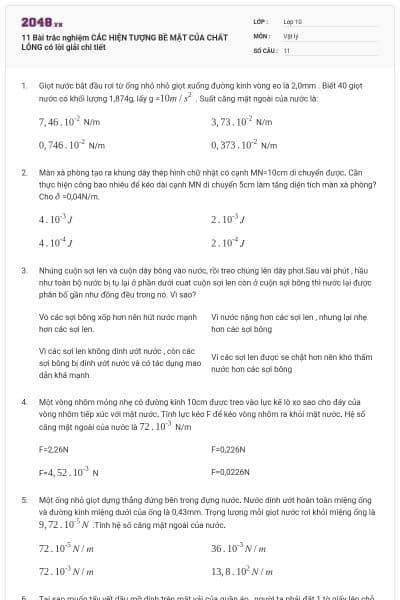 11 Bài trắc nghiệm CÁC HIỆN TƯỢNG BỀ MẶT CỦA CHẤT LỎNG có lời giải chi tiết