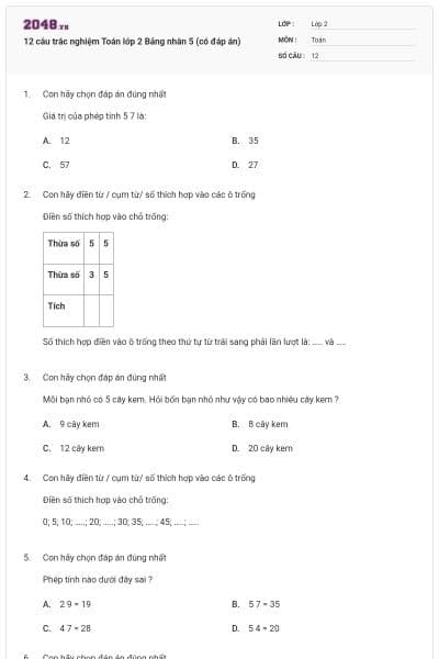 12 câu trắc nghiệm Toán lớp 2 Bảng nhân 5 (có đáp án)