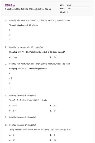 9 câu trắc nghiệm Toán lớp 2 Thừa số, tích (có đáp án)