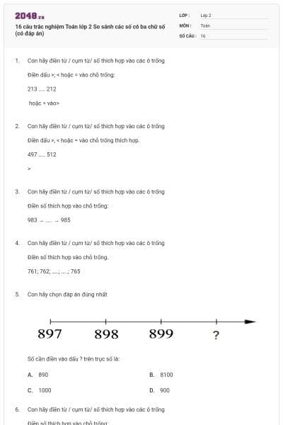 16 câu trắc nghiệm Toán lớp 2 So sánh các số có ba chữ số (có đáp án)