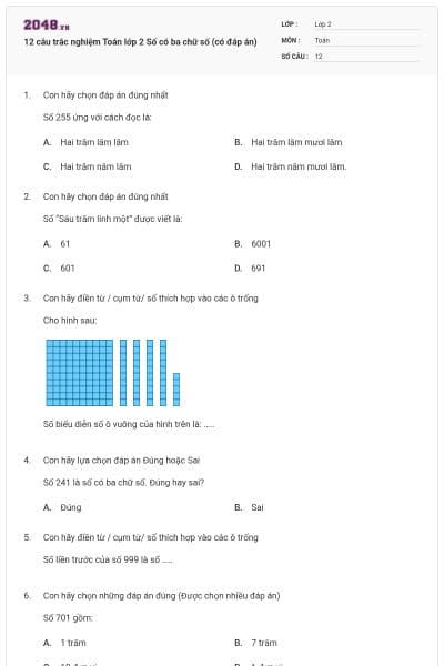 12 câu trắc nghiệm Toán lớp 2 Số có ba chữ số (có đáp án)