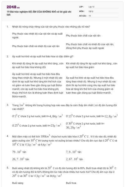 19 Bài trắc nghiệm ĐỘ ẨM CỦA KHÔNG KHÍ có lời giải chi tiết