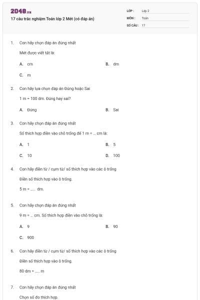 17 câu trắc nghiệm Toán lớp 2 Mét (có đáp án)