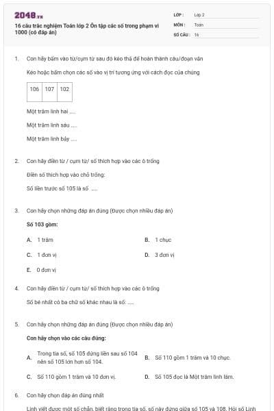 16 câu trắc nghiệm Toán lớp 2 Ôn tập các số trong phạm vi 1000 (có đáp án)