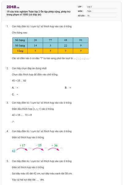 19 câu trắc nghiệm Toán lớp 2 Ôn tập phép cộng, phép trừ trong phạm vi 1000 (có đáp án)