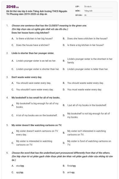 Đề thi thử vào lớp 6 môn Tiếng Anh trường THCS Nguyễn Tri Phương năm 2019-2020 có đáp án