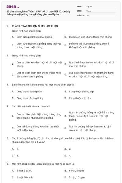 20 câu trắc nghiệm Toán 11 Kết nối tri thức Bài 10. Đường thẳng và mặt phẳng trong không gian có đáp án