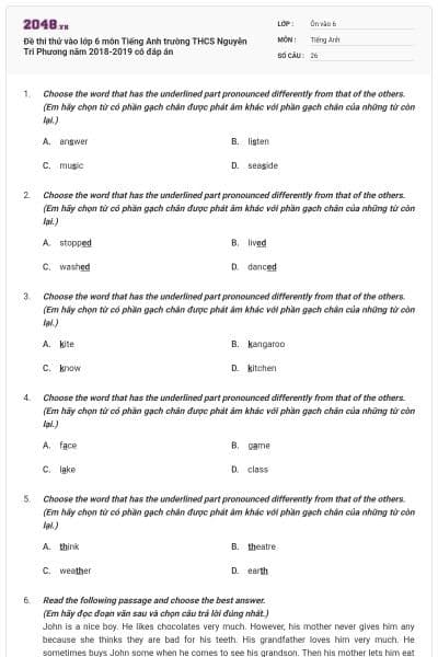 Đề thi thử vào lớp 6 môn Tiếng Anh trường THCS Nguyễn Tri Phương năm 2018-2019 có đáp án
