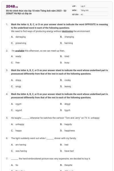 Đề thi chính thức vào lớp 10 môn Tiếng Anh năm 2023 - Sở GD&ĐT Hà Nội có đáp án