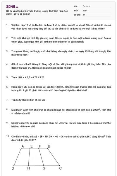 Đề thi vào lớp 6 môn Toán trường Lương Thế Vinh năm học 2018 - 2019 có đáp án