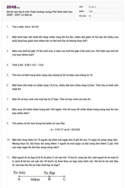 Đề thi vào lớp 6 môn Toán trường Lương Thế Vinh năm học 2020 - 2021 có đáp án