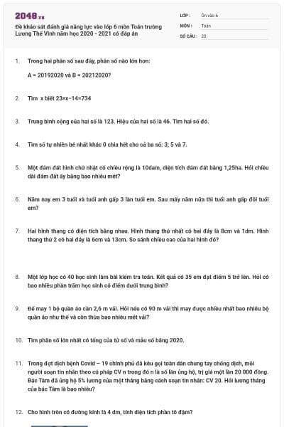 Đề khảo sát đánh giá năng lực vào lớp 6 môn Toán trường Lương Thế Vinh năm học 2020 - 2021 có đáp án