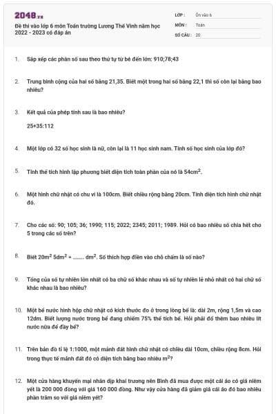 Đề thi vào lớp 6 môn Toán trường Lương Thế Vinh năm học 2022 - 2023 có đáp án