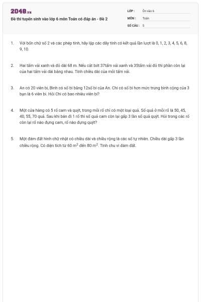 Đề thi tuyển sinh vào lớp 6 môn Toán có đáp án - Đề 2