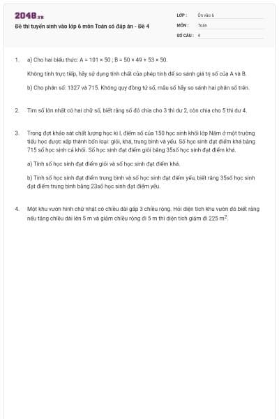 Đề thi tuyển sinh vào lớp 6 môn Toán có đáp án - Đề 4