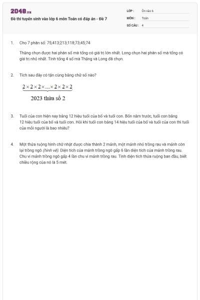 Đề thi tuyển sinh vào lớp 6 môn Toán có đáp án - Đề 7