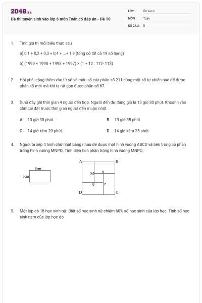 Đề thi tuyển sinh vào lớp 6 môn Toán có đáp án - Đề 10