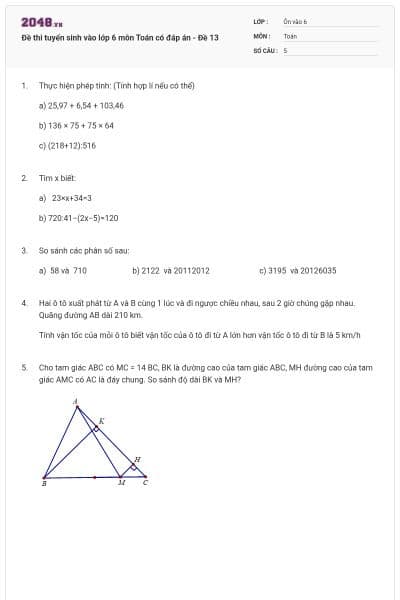 Đề thi tuyển sinh vào lớp 6 môn Toán có đáp án - Đề 13