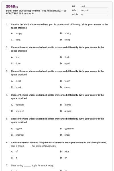 Đề thi chính thức vào lớp 10 môn Tiếng Anh năm 2023 - Sở GD&ĐT Hoà Bình có đáp án